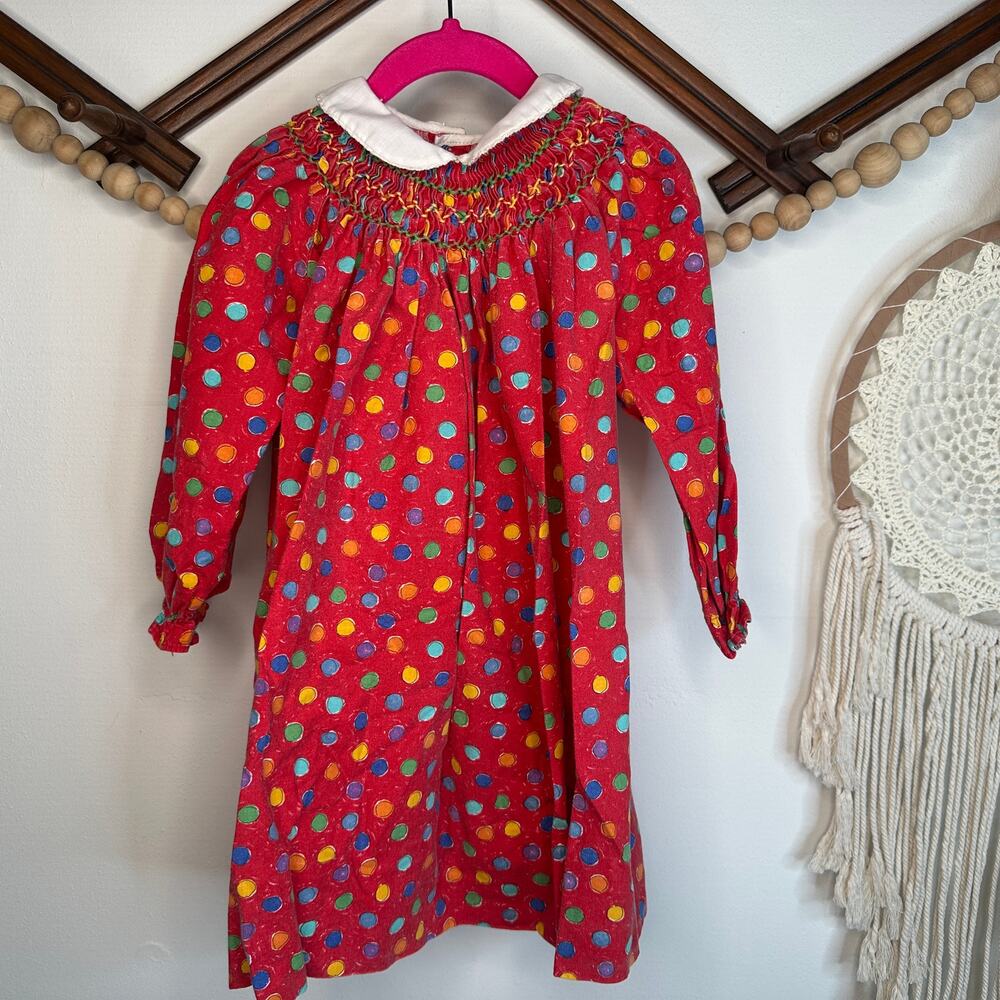 Vintage The Smockery Red Colorful Dotted Smocked Dress